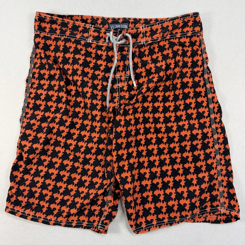 Vilebrequin Men's Geometric Turtle Print Lined Swim Shorts Orange Black Size XL